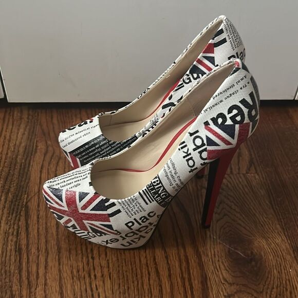 Bumper Union Jack British Flag Platform 6” Stiletto Ultra High Heels size 7 NWOT - Picture 3 of 6